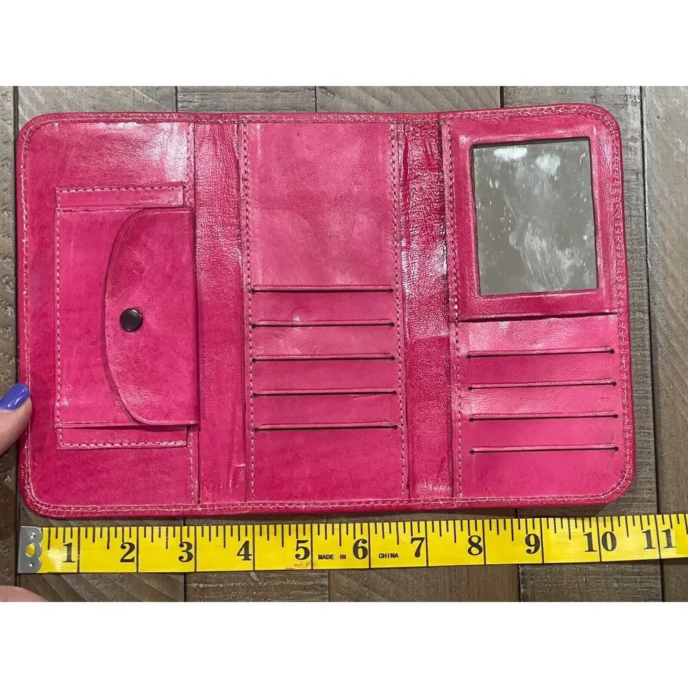 Womens Hand Embroidered & Embossed Leather Tri-Fold Wallet Mirror/Change Pouch